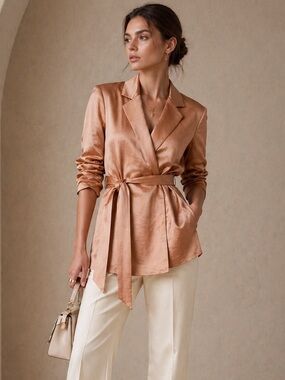 Banana Republic Brigitte Satin Blazer Jacket Linen Blend Tie Waist Tan Size M